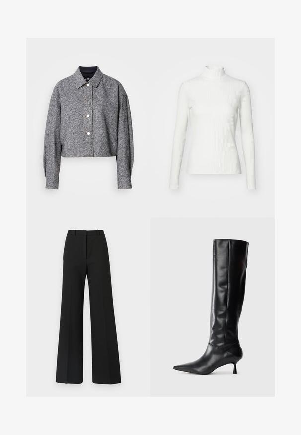 Afklippet grå jakke lavet af struktureret stof med et diskret mønster; har spidse kraver, lange ærmer og sølvfarvede trykknapper.; Hvid ribbet turtleneck blouse med lange ærmer, lavet af elastisk stof. Har et tætsiddende design og høj hals for god dækning.; Sorte buks med vide ben og skræddersyet design, der har en glat tekstur og subtile plisseringer foran. Ingen synlige detaljer eller mønstre.; Sorte læder knæhøje støvler med spids tå og slank buet hæl. Glat tekstur, tætsiddende design og ingen synlig hardware eller mønstre.