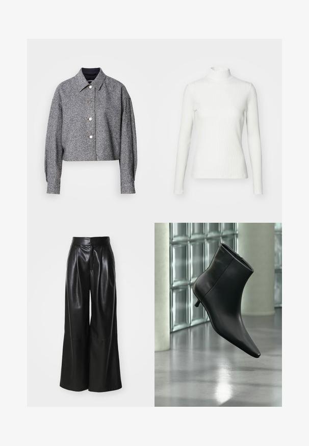Chaqueta gris recortada hecha de una tela texturizada con un patrón sutil; presenta un cuello puntiagudo, mangas largas y botones a presión plateados.; Top de cuello alto blanco con canalé y mangas largas, fabricado en una tela elástica. Presenta un diseño ajustado y un escote alto para mayor cobertura.; Pantalones de cuero sintético negros de pierna ancha con una cintura alta, frente plisado y textura suave. Presenta un diseño limpio y minimalista.; Botín negro de cuero con punta puntiaguda y tacón bajo estilo kitten, mostrado en ángulo sobre un suelo pulido y con una pared de bloques de vidrio de fondo.
