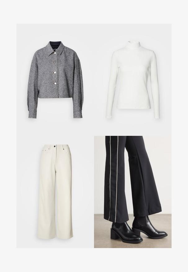Chaqueta gris recortada hecha de una tela texturizada con un patrón sutil; presenta un cuello puntiagudo, mangas largas y botones a presión plateados.; Top de cuello alto blanco con canalé y mangas largas, fabricado en una tela elástica. Presenta un diseño ajustado y un escote alto para mayor cobertura.; Pantalones de pierna ancha color crema, confeccionados en una tela suave. Cuentan con una cintura de altura media, cierre con cremallera y dos bolsillos delanteros con detalles en hardware negro.; Botines de cuero negro con tacón cuadrado, con paneles laterales elásticos. Combinados con pantalones negros que tienen una franja blanca lateral.