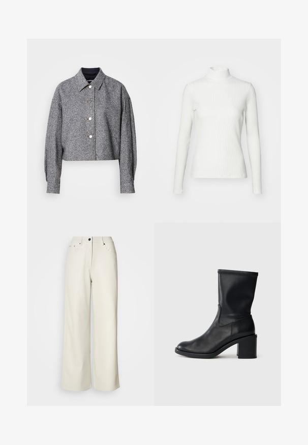 Veste grise courte en tissu texturé avec un motif subtil ; comporte un col pointu, des manches longues et des boutons-pression argentés.; Haut col roulé blanc à côtes avec des manches longues, fabriqué en tissu extensible. Présente un design ajusté et un encolure haute pour plus de couverture.; Pantalons larges de couleur crème en tissu lisse. Dotés d'une taille mi-haute, d'une fermeture éclair et de deux poches avant avec des accents en matériel noir.; Botte en cuir noir à cheville avec un bout rond, texture lisse et un talon épais, présentant un tige ajustée et un subtil détail de couture.
