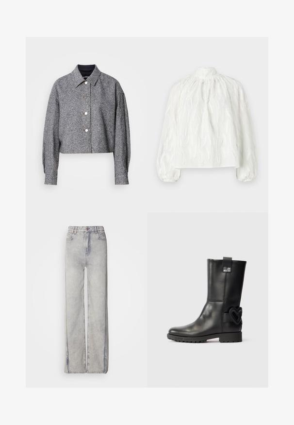 Korte grijze jas van gestructureerde stof met een subtiel patroon; heeft een puntige kraag, lange mouwen en zilveren drukknoopjes.; DRYKORN DUMONDA - Blouse - offwhite; Lichtblauwe wijde jeans van denim met een vervaagd uiterlijk, voorzien van een ritssluiting, vijf zakken en contrasterende stiksels.; Zwarte leren laars tot halverwege het kalf met een grof profiel, "Love Moschino" label nabij de bovenkant en een hartvormige versiering aan de buitenkant nabij de hak.
