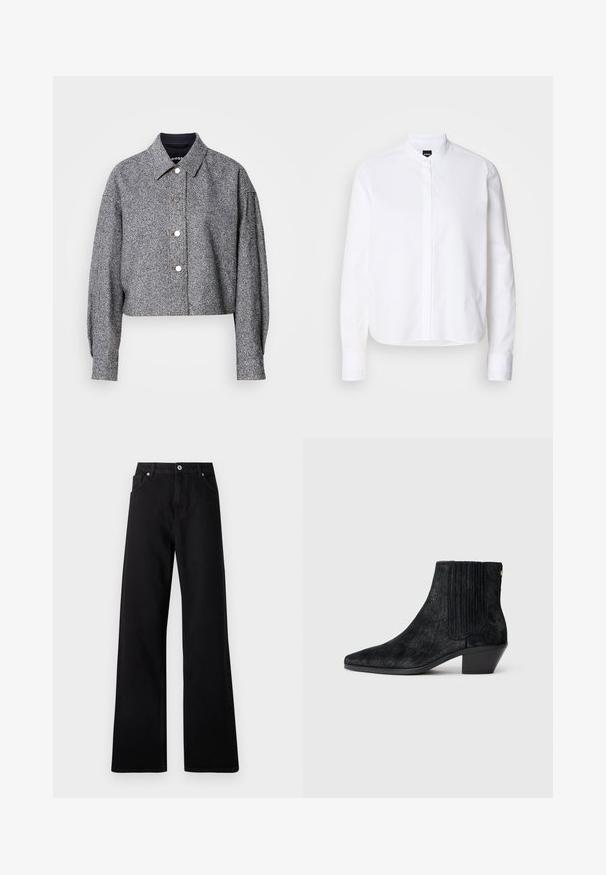 Chaqueta gris recortada hecha de una tela texturizada con un patrón sutil; presenta un cuello puntiagudo, mangas largas y botones a presión plateados.; Camisa blanca de cuello con pliegue frontal, de mangas largas y puños con botón. Fabricada en un suave tejido de algodón con un corte estructurado.; Jeans de pierna ancha negros fabricados en denim con diseño de cinco bolsillos, cierre frontal con botón y detalles de costura sutiles.; Botín negro hasta el tobillo con punta afilada, material texturizado similar al pelo, panel lateral acanalado y un tacón bajo y cuadrado. Diseño simple y moderno.