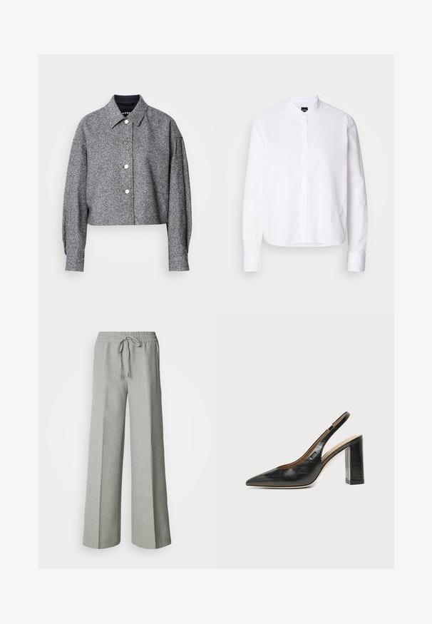 Chaqueta gris recortada hecha de una tela texturizada con un patrón sutil; presenta un cuello puntiagudo, mangas largas y botones a presión plateados.; Camisa blanca de cuello con pliegue frontal, de mangas largas y puños con botón. Fabricada en un suave tejido de algodón con un corte estructurado.; Pantalones anchos de pierna recta en gris claro con cintura elástica y cordón, bolsillos delanteros y una tela con textura sutil.; Zapato slingback de piel negra con puntera puntiaguda, tacón alto y ancho, y forro interior beige sobre un fondo claro y liso.