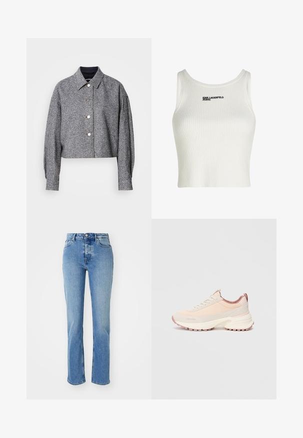 Kurze graue Jacke aus strukturiertem Stoff mit einem dezenten Muster; verfügt über einen spitzen Kragen, lange Ärmel und silberne Druckknöpfe.; Weißes geripptes Tanktop mit rundem Ausschnitt, auf der Vorderseite mit dem schwarzen Logo "KARL LAGERFELD JEANS".; Helle blaue Denim-Jeans mit geradem Bein, hoher Taille, fünf Taschen und subtilen Waschungen an der Vorderseite.; Hellerosa Sportschuh mit strukturiertem Obermaterial, glatten Paneelen und einer klobigen weißen Zwischensohle. Verfügt über eine pinke Gummisohle für zusätzlichen Halt.
