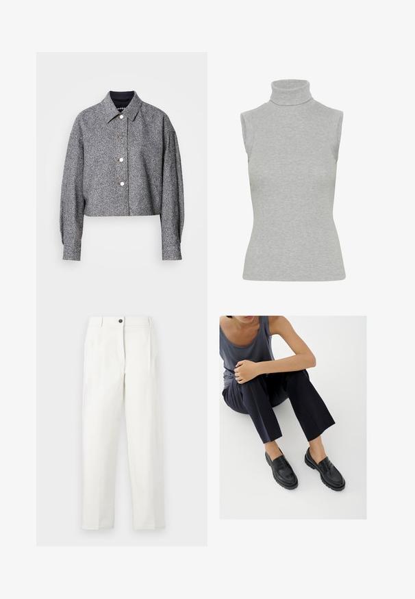 Kurze graue Jacke aus strukturiertem Stoff mit einem dezenten Muster; verfügt über einen spitzen Kragen, lange Ärmel und silberne Druckknöpfe.; Grauer, ärmelloser Rollkragenoberteil aus geripptem Strickmaterial. Verfügt über ein tailliertes Design mit hohem Kragen und glatter Textur.; Weiße, hoch taillierte Hose mit schmaler Passform, ausgestattet mit Bügelfalten, einem vorderen Knopfverschluss und geraden Beinen. Hergestellt aus glattem Stoff.; Schwarze Leder-Loafer mit strukturierten Akzenten, niedrigem Absatz, rundem Zehenbereich und sichtbarer Naht. Das Modell trägt dunkle Hosen und ein graues Oberteil.