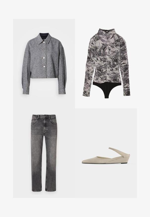 Chaqueta gris recortada hecha de una tela texturizada con un patrón sutil; presenta un cuello puntiagudo, mangas largas y botones a presión plateados.; Body de manga larga con un diseño fruncido en tonos monocromáticos, fabricado con un tejido brillante y texturizado, con una sección inferior en negro sólido.; Vaqueros de pierna recta en gris lavado con bolsillos delanteros, trabillas para cinturón y cierre de botón.; Zapato slingback beige con tacón cuña bajo, puntera puntiaguda y acabado mate suave, mostrado de perfil sobre fondo blanco.