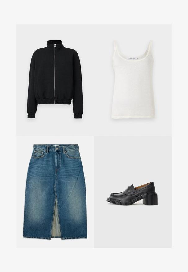 Chaqueta negra con cremallera y cuello alto, puños y dobladillo acanalados, con un patrón texturizado y cremallera plateada.; Camiseta de algodón blanca sin mangas con tirantes finos, que presenta un escote redondeado y una textura ligeramente transparente. El dobladillo es recto sin acentos adicionales.; Falda vaquera azul, de corte recto, con una abertura frontal, cinco bolsillos y costuras en contraste. La tela tiene una textura desgastada.; Mocasines de cuero negro con un tacón de goma grueso y estriado. Presentan una punta redondeada y una correa horizontal en el embozo. Suela texturizada.