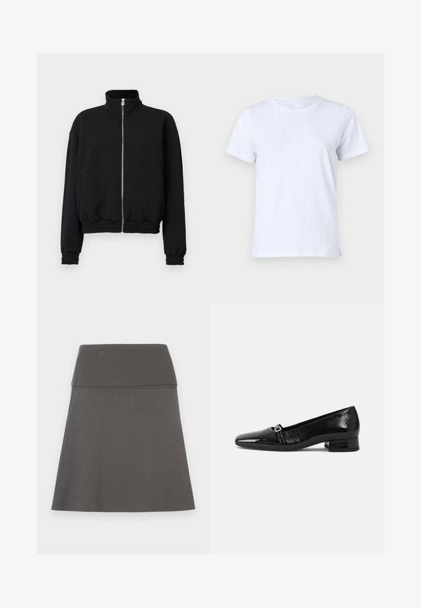 Chaqueta negra con cremallera y cuello alto, puños y dobladillo acanalados, con un patrón texturizado y cremallera plateada.; Camiseta de algodón blanca, de manga corta, diseño clásico de cuello redondo, textura lisa sin patrones ni acentos, ajuste estándar, simple y versátil.; Falda gris oscuro con una amplia cinturilla elástica acanalada y una ligera forma en A sobre un fondo blanco.; Bailarinas de charol negro con punta afilada, tacón cuadrado bajo y un pequeño detalle de hebilla metálica en la correa. Textura suave.