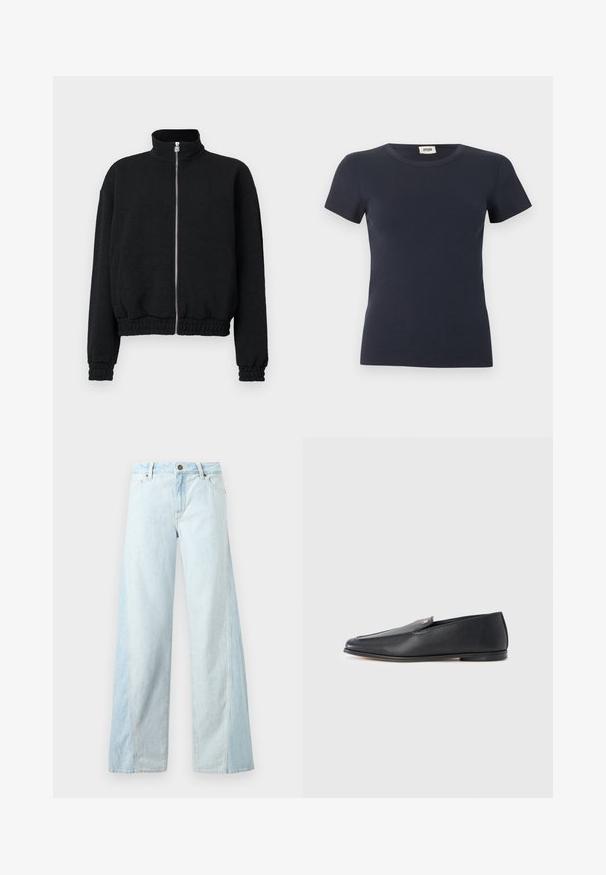 Sort lynlåstrøje med høj krave, ribkant på ærmer og forneden, med tekstureret mønster og sølvfarvet lynlås.; Marineblå kortærmet ribstrikket T-shirt med rund halsudskæring og et Drykorn-mærke på indersiden af nakken.; Lyseblå vidbenede denimjeans med knap- og lynlåslukning foran samt forlommer, vist mod en ensfarvet baggrund.; Sorte læderloafers med en glat tekstur, rundet tå og subtile syningsdetaljer. Har en guldfarvet logoaccent på oversiden.