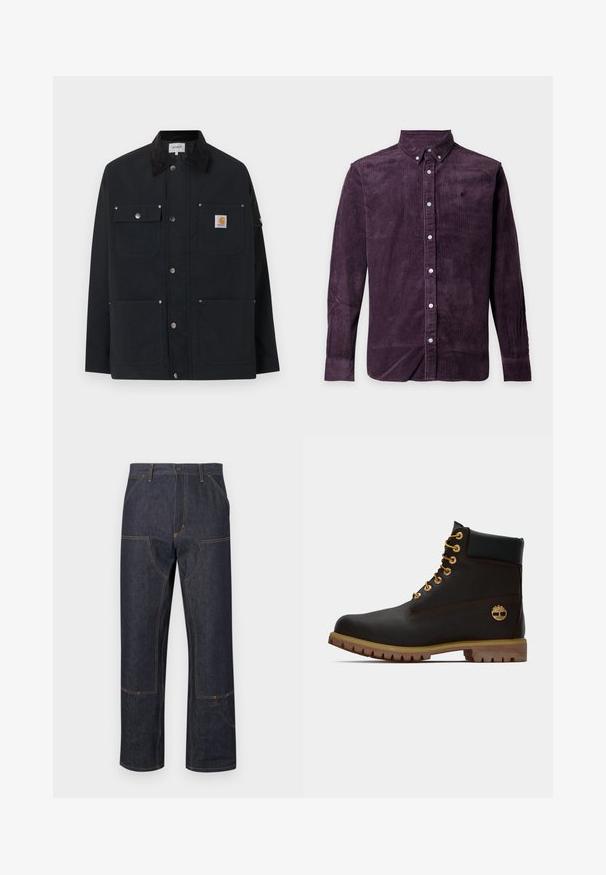 Μαύρο μπουφάν Carhartt με τέσσερις εξωτερικές τσέπες, κλείσιμο με κουμπιά τύπου snap και μαύρο γιακά από κορντουρό, παρουσιασμένο σε λευκό φόντο.; Πουκάμισο από μωβ κορδόνι βελούδου με μακριά μανίκια, με κουμπιά και γιακά με κουμπιά, τοποθετημένο επίπεδα πάνω σε ανοιχτό γκρι φόντο.; Σκούρα τζιν παντελόνια με άνετη εφαρμογή, με κίτρινη ραφή, μπροστινές τσέπες και χαρακτηριστικό σχέδιο ραφής.; Μαύρη δερμάτινη αστράγαλοι μποτάκι με χρυσά μάτια, καφέ λεπτομέρειες και ελαστική σόλα. Διαθέτει επενδεδυμένο κολάρο και ανάγλυφο λογότυπο στη πλευρά.
