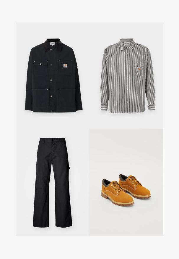 Μαύρο μπουφάν Carhartt με τέσσερις εξωτερικές τσέπες, κλείσιμο με κουμπιά τύπου snap και μαύρο γιακά από κορντουρό, παρουσιασμένο σε λευκό φόντο.; Μαύρο και άσπρο μακρυμάνικο πουκάμισο με κάθετες ρίγες και γιακά με κουμπιά. Διαθέτει τσέπη στο στήθος με μια μπεζ ετικέτα λογότυπου.; Μαύροι παντελόνια με φαρδιά πόδια φτιαγμένα από ανθεκτικό ύφασμα. Διαθέτουν κλείσιμο με κουμπί και πλαϊνές τσέπες. Λείο υλικό με καθαρή σχεδίαση.; Καφέ σουέτ παπούτσια με στρογγυλή μύτη, κίτρινες κορδόνες, μαξιλαρένιο μαύρο κολάρο και ελαστικές σόλες με αυλακώσεις για πρόσφυση.
