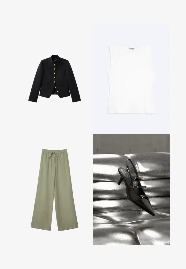 Blazer noir sur mesure avec sept boutons dorés sur le devant et deux poches fendues horizontales, avec un col montant.; Débardeur blanc ajusté sans manches avec un col rond et un design minimaliste, étiqueté "WEEKDAY" à l'intérieur du col.; Pantalons larges en lin olive clair, avec une ceinture élastique avec cordon de serrage et des poches latérales. Texture lisse.; Escarpin slingback noir à bout pointu avec deux brides à boucle dorée reposant sur une surface rembourrée argentée brillante.