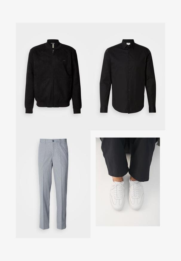 Sort suede bomberjakke med fuld lynlås, ribbede mansjetter og bund, samt et minimalistisk logodetalje på brystet.; Sort langærmet skjorte med knapper, lavet af glat bomuldsstof. Har en klassisk krave, frontknapper og en buet nederkant.; Gråternede bukser, skræddersyet pasform, med en glat stoftekstur, flad front og enkelt knaplukning.; Hvide lædersneakers med en glat overflade, rund tå og klassisk snøresystem, placeret over mørke, løse bukser.