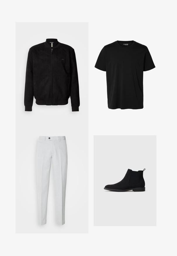 Sort suede bomberjakke med fuld lynlås, ribbede mansjetter og bund, samt et minimalistisk logodetalje på brystet.; Ensfarvet sort t-shirt med korte ærmer og rund hals, herrepasform, uden synlige mønstre eller logoer foran.; Lys grå bukser lavet af tekstureret stof, med knaplukning, flad front og smalle ben for en strømlinet pasform.; Sorte ruskinds Chelsea støvler med elastiske sidepaneler, rund tå, trækkebånd og en lav blokhæl, designet til nem påklædning.