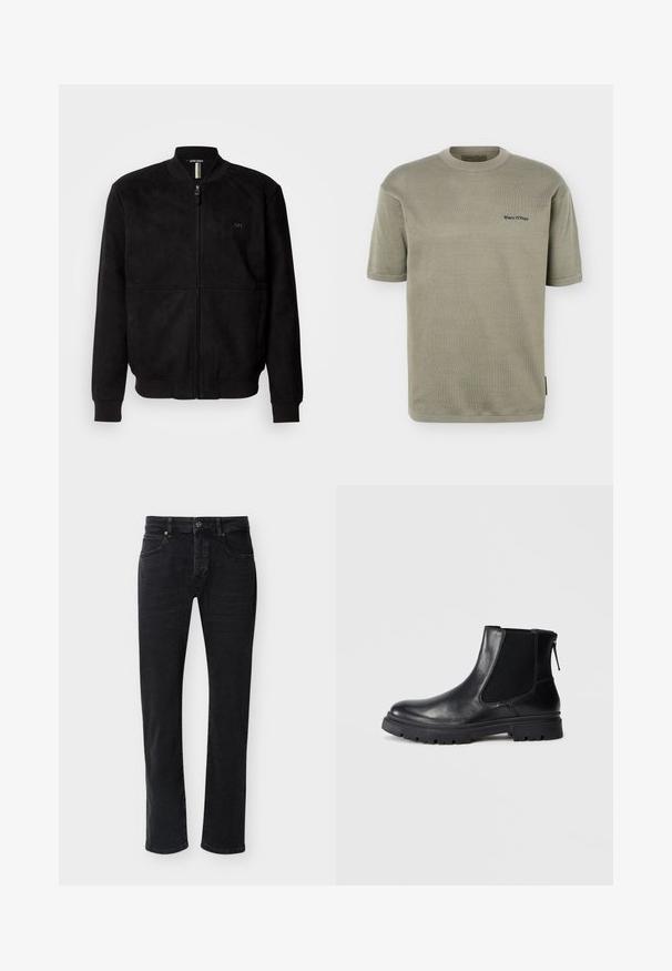 Sort suede bomberjakke med fuld lynlås, ribbede mansjetter og bund, samt et minimalistisk logodetalje på brystet.; Lyse olivengrøn kortærmet strikket T-shirt med rund halsudskæring og lille sort "Marc O'Polo" logo på venstre bryst.; Sorte jeans med lige ben, forlommer, bæltestropper, knaplukning og synlige syninger på en ensfarvet hvid baggrund.; Sort læderankelstøvle med en glat overflade, elastiske mesh-sider og en robust sål med synligt mønster.