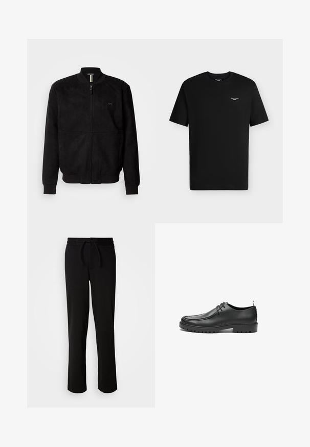 Sort suede bomberjakke med fuld lynlås, ribbede mansjetter og bund, samt et minimalistisk logodetalje på brystet.; Sort t-shirt med korte ærmer og rund hals med lille hvidt "Marc O'Polo DENIM" logo på øverste venstre bryst.; Sorte sweatpants med snor i taljen, lavet af blødt og strækbart stof. Har en afslappet pasform med lige ben og uden synlige lommer.; Sorte lædersko med en glat overflade, rund tå og dekorativ stikning. Har en gummisål med skridsikre spor og snørebåndsdesign.
