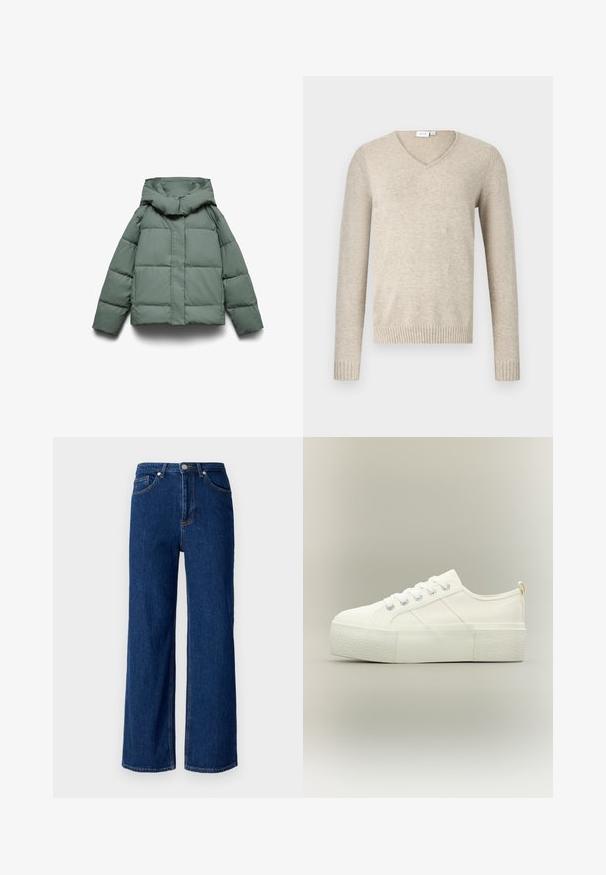 Grøn dunjakke med en bred hætte, kendetegnet ved en boxy form, quiltet tekstur og en lynlåslukning foran. Ingen synligt metal eller mønstre.; Beige V-hals sweater lavet af blødt materiale med lange ærmer og ribbede manchetter. Har et enkelt design uden mønstre eller udsmykninger.; Bredde ben denimjeans i mørkeblå, med et klassisk fem-lomme design, diskret syninger og en metalknaplukning ved taljen.; Hvid platform sneaker med tyk struktureret sål, snørelukning foran og subtile syningsdetaljer på en neutral baggrund.