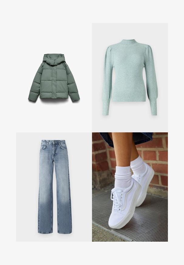 Grøn dunjakke med en bred hætte, kendetegnet ved en boxy form, quiltet tekstur og en lynlåslukning foran. Ingen synligt metal eller mønstre.; Lys blå ribbet sweater med en mock neck, strukturerede skuldersømme og tætsiddende lange ærmer. Blød tekstur med en strækbar kvalitet.; Bredde ben bløde denim jeans i blå med en lys vask, lynlås, fem-lomme design og subtil falming nær anklerne.; Hvide lærreds sneakers med gummisåler, der har seks snørehuller, rund tå og let sømdetaljer, krydret med hvide ankelstrømper.