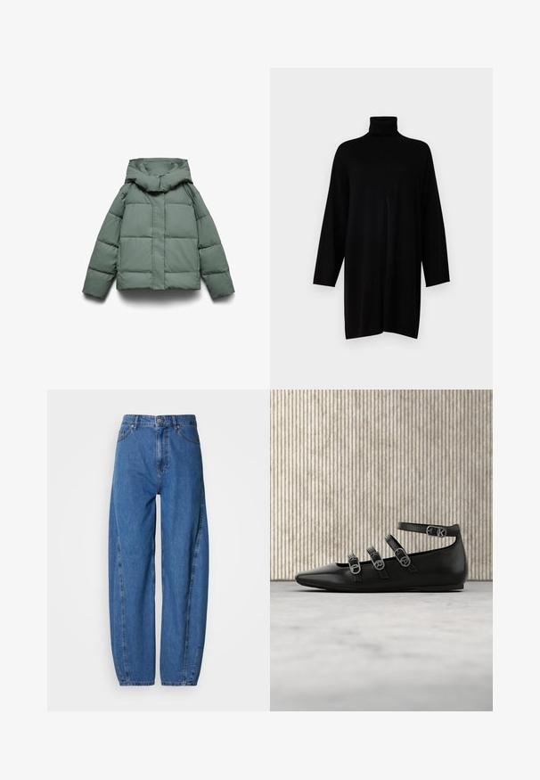 Groene pufferjas met een brede capuchon, met een vierkante vorm, gewatteerde textuur en een ritssluiting aan de voorkant. Geen zichtbare hardware of patronen.; KNITID SPLIT PONCHO - Trui - black; Blauwe spijkerbroek met een losse pasvorm, voorzien van een hoge taille, twee voorzakken en een rechte pijp. Gestikte details langs de naden.; Zwarte leren platte schoen met een spits toelopende neus, voorzien van drie verstelbare riemen en metalen gespen. Glad oppervlak en minimalistisch ontwerp.