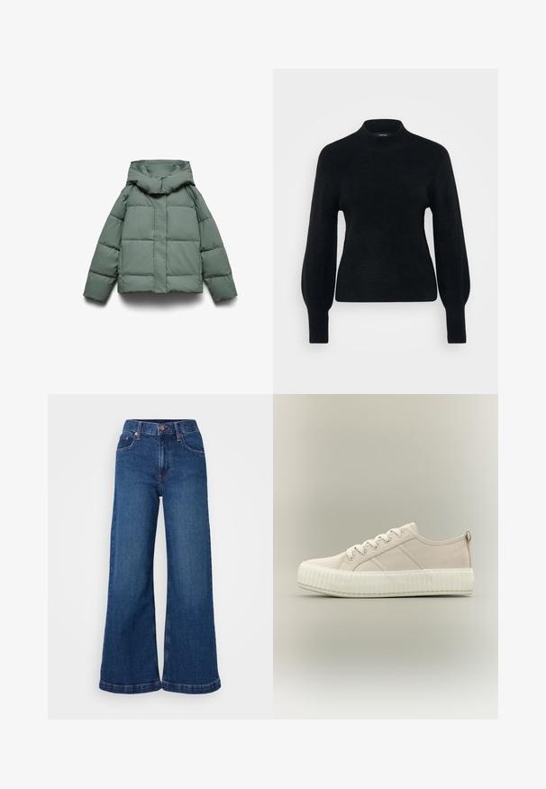 Grüne Steppjacke mit weiter Kapuze, kastiger Form, gesteppter Textur und durchgehendem Frontreißverschluss. Keine sichtbaren Metallteile oder Muster.; Vero Moda Petite VMPIPPA HIGHNECK - Strickpullover - black; Weite Denim-Jeans in Dunkelblau, mit hoher Taille, Fünf-Taschen-Design und umgeschlagenen Säumen. Glatte Textur mit subtilen Nähdetails.; Beiger Canvas-Sneaker mit niedrigem Schaft, weißer dicker Gummisohle und Schnürsenkeln, seitlich auf neutralem Hintergrund abgebildet.