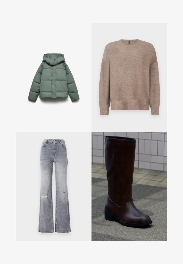 Groene pufferjas met een brede capuchon, met een vierkante vorm, gewatteerde textuur en een ritssluiting aan de voorkant. Geen zichtbare hardware of patronen.; Beige gebreide trui met een ronde halslijn, lange mouwen, geribbelde zoom en manchetten, met een zachte, textuurafwerking.; Hoge taille grijze denim jeans met een uitlopende pijp, voorzien van versleten details op de knieën, een klassieke vijf-pocket ontwerp en ton-sur-ton stiksels.; Donkerbruine leren mid-kuitlaars met een afgeronde neus en lage blokhak, staand op het trottoir nabij een betegelde muur.