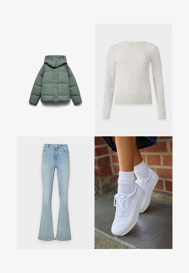 Grøn dunjakke med en bred hætte, kendetegnet ved en boxy form, quiltet tekstur og en lynlåslukning foran. Ingen synligt metal eller mønstre.; Lysegrå, langærmet, strikket sweater med rund hals og tætsiddende pasform på en ensfarvet lys baggrund.; Lys blå udvidede jeans lavet af denim, med høj talje, standard fem-lomme design og rene kanter. Glat tekstur, minimal detaljer.; Hvide lærreds sneakers med gummisåler, der har seks snørehuller, rund tå og let sømdetaljer, krydret med hvide ankelstrømper.