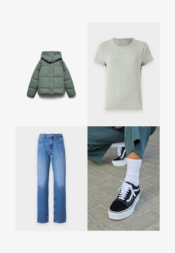 Groene pufferjas met een brede capuchon, met een vierkante vorm, gewatteerde textuur en een ritssluiting aan de voorkant. Geen zichtbare hardware of patronen.; Grijze korte mouwen t-shirt met een ronde halslijn, gemaakt van ribstof. Gladde textuur met een reguliere pasvorm en een minimaal ontwerp.; Lichtblauwe spijkerbroek met een hoge taille, rechte pijpen en vervaagde plekken. Voorzien van standaard voorkantzakken en een knoopsluiting.; Zwarte suède sneaker met witte accenten en veters, uitgerust met een dikke witte zool en contrasterende stiksels, gecombineerd met een witte sok.