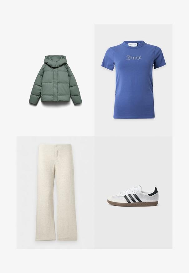 Groene pufferjas met een brede capuchon, met een vierkante vorm, gewatteerde textuur en een ritssluiting aan de voorkant. Geen zichtbare hardware of patronen.; Blauw T-shirt met korte mouwen met "Juicy" geschreven in witte strass-steentjes op de borst en een ronde hals.; Beige linnen broek met wijde pijpen, voorzien van een platte tailleband en gestikte gulp, afgebeeld op een effen witte achtergrond.; Witte mesh sneaker met zwarte strepen, beige suède neuskapje en hielaccent, gestructureerde rubberen zool en witte veters. Klassiek ontwerp met lage schacht.