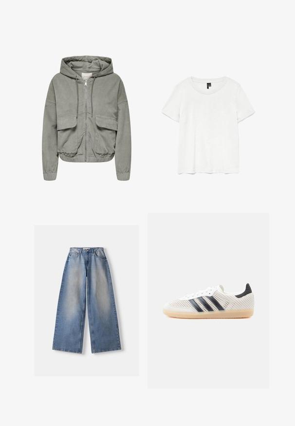Lys grøn cordjakke med hætte, elastiske håndled, to forlommer og lynlås foran. Har en ribbet tekstur og en afslappet pasform.; Hvid kortærmet t-shirt med rund halsudskæring, lavet af letvægtsstof. Enkel design, glat tekstur og lige kant.; Lyseblå vidde jeans med falmet front, fem-lomme stil, knap- og lynlåslukning, lagt fladt på en hvid baggrund.; Hvide mesh-sneakers med sort tre-stribet design, rundet tå og gummisål. Har blød hælkant og snørelukning.