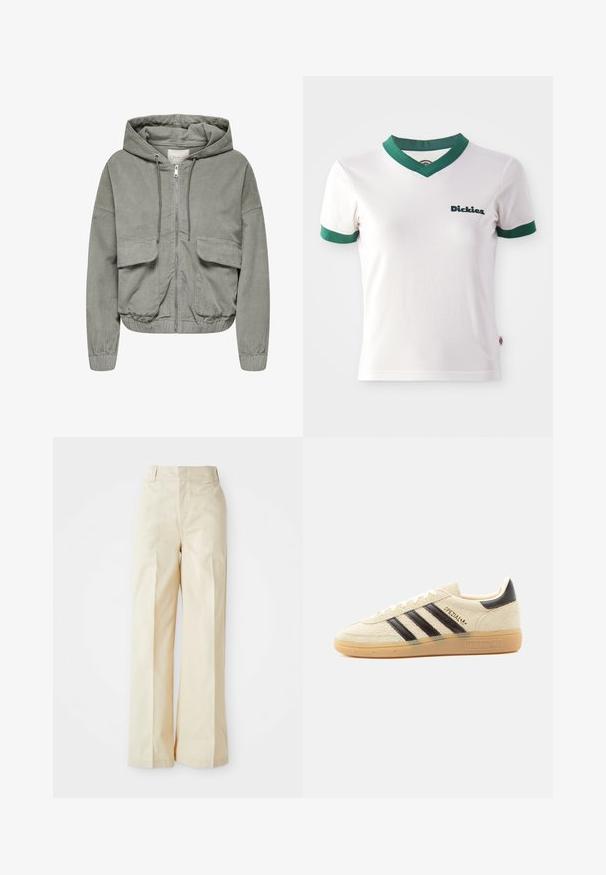 Lys grøn cordjakke med hætte, elastiske håndled, to forlommer og lynlås foran. Har en ribbet tekstur og en afslappet pasform.; Hvid kortærmet t-shirt med grøn V-hals og ærmekanter; har "Dickies" logo i mørkegrøn på venstre bryst. Glat bomuldsstruktur.; Beige vidde bukser med høj talje, fremstillet af et glat stof og med fint pressede forkantfolder, sat mod en ensfarvet hvid baggrund.; Kremfarvet ruskindssneaker med sorte striber, gummisål, sort hælstrop og gyldent "SPEZIAL"-tekst på siden.