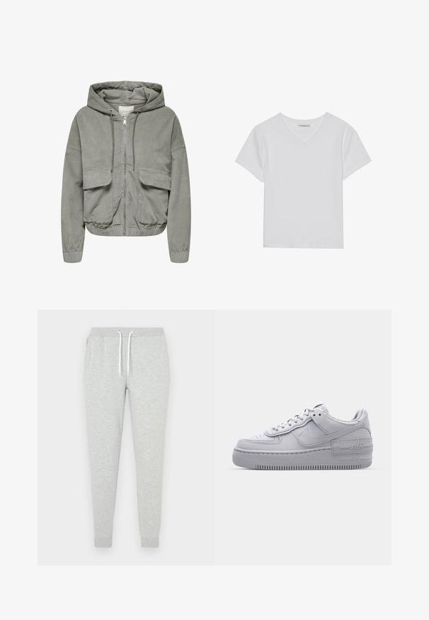 Lichtgroene corduroyjas met een capuchon, elastische manchetten, twee voorkruiken en een voorknopsluiting. Heeft een geribde textuur en een relaxte pasvorm.; Witte T-shirt met korte mouwen en V-hals, gemaakt van ribbelstof. Heeft een strakke ontwerp met een rechte zoom en minimale details.; Grijze sweatbroek gemaakt van zachte stof, voorzien van een taille met aantrekkoord, elastische boorden en zijzakken voor functionaliteit.; Grijze Nike Air Force 1 sneaker met geperforeerde neus, glad leren bovenwerk, dikke zool en verhoogde 'AIR' details op de hiel.