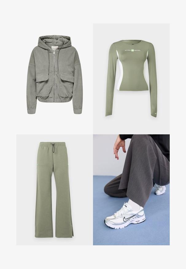 Lichtgroene corduroyjas met een capuchon, elastische manchetten, twee voorkruiken en een voorknopsluiting. Heeft een geribde textuur en een relaxte pasvorm.; Olivengroen Nike Shox shirt met lange mouwen, witte zijpanelen en neon groene accenten, nauwsluitende pasvorm, en een klein Swoosh-logo op de mouwboord.; Olivengroene sweatpants met wijd uitlopende pijpen, elastische tailleband en zwarte koordsluiting, voorzien van een klein neon groen logo op de linker dij.; Witte en zilveren sport schoenen van mesh en synthetische materialen, met zwarte accentlijnen, veters en gestructureerde zolen.