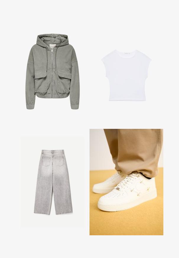 Lys grøn cordjakke med hætte, elastiske håndled, to forlommer og lynlås foran. Har en ribbet tekstur og en afslappet pasform.; Hvid kortærmet cropped T-shirt med rund halsudskæring, lavet af glat stof, lagt fladt på en hvid baggrund.; Lysegrå viddebukser med høj talje og to baglommer, vist bagfra på en ensartet hvid baggrund.; Hvide lædersneakers med perforeret tå, gyldne accenter og flade snørebånd, parret med beige bukser på en struktureret gul overflade.