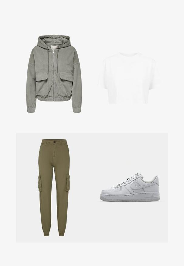 Lys grøn cordjakke med hætte, elastiske håndled, to forlommer og lynlås foran. Har en ribbet tekstur og en afslappet pasform.; Hvid cropped t-shirt, korte ærmer, rund halsudskæring, lavet af blødt stof, uden synlige mønstre eller distinkt hardware.; Olivengrønne cargo bukser lavet af blødt stof, med to sidelommer, elastiske manchetter og lukning med frontknap.; Hvid lædersneaker med lavt design, rund tå, perforerede detaljer og en tekstureret gummisål. Har grå accenter på tungen.