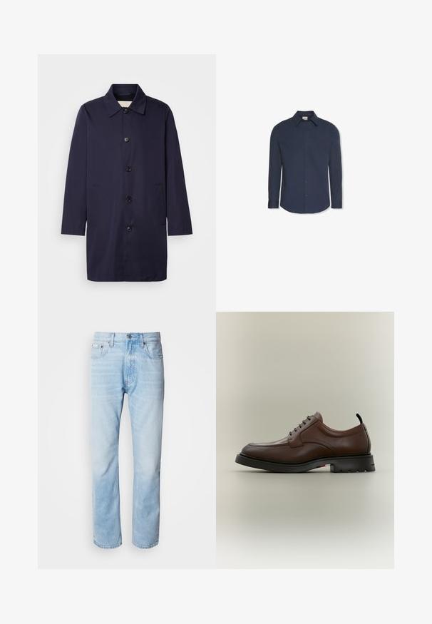 Marineblauwe jas van een soepele stof met een kraag, knopen aan de voorkant en zijzakken. Heeft een rechte snit en lange mouwen.; Navyblauw hemd met lange mouwen, knopen, kraag en manchetten, met een Calvin Klein-label aan de binnenkant van de kraag.; Lichtblauwe denim jeans met een rechte pijp, met vervaagde delen, vijf-pocket ontwerp en een klassieke knoopsluiting.; Donkerbruine leren veterheren schoen met zwarte dikke zool en klein zwart hiel lusje, getoond in profiel tegen een effen achtergrond.