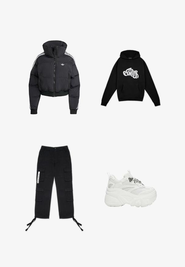 Schwarze Daunenjacke mit hohem Kragen, Frontreißverschluss, zwei Reißverschlusstaschen und weißen Seitenstreifen. Verfügt über gerippte Bündchen und Saum.; Pegador PALUMA OVERSIZED HOODIE - Sweatshirt - black; Pegador TANAMI WIDE PANTS - Cargohose - black; Weißer klobiger Plateausneaker mit Mesh-Einsätzen, dicker strukturierter Sohle, Zuglaschen und schwarzen Metall-Schleifen- und Ketten-Schnürsenkel-Dekorationen.