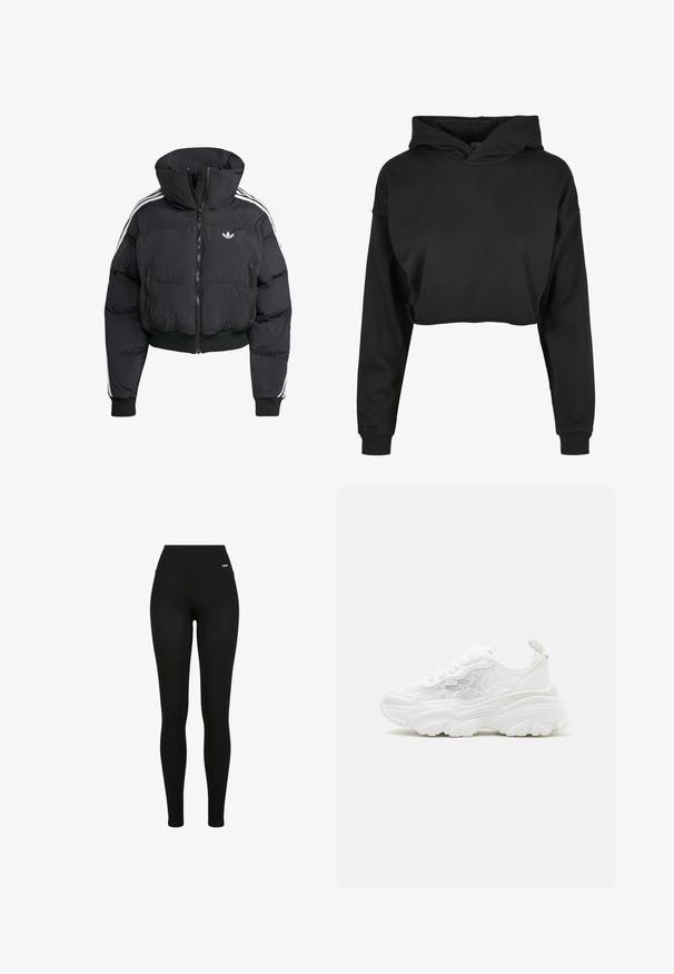 Schwarze Daunenjacke mit hohem Kragen, Frontreißverschluss, zwei Reißverschlusstaschen und weißen Seitenstreifen. Verfügt über gerippte Bündchen und Saum.; Schwarzer, verkürzter Hoodie aus weichem Stoff mit Kapuze mit Kordelzug, langen Ärmeln und gerippten Bündchen, in einem schlichten, einfachen Design.; Schwarze Leggings mit hohem Bund, dehnbarem Stoff, glatter Textur und einer enganliegenden Passform, die sowohl für die Freizeit- als auch für Sportbekleidung geeignet sind.; Weißer klobiger Sneaker mit Schnürung vorne, floralen Mesh-Seitenteilen und dicker, geformter Sohle, von links auf einfarbigem Hintergrund gezeigt.