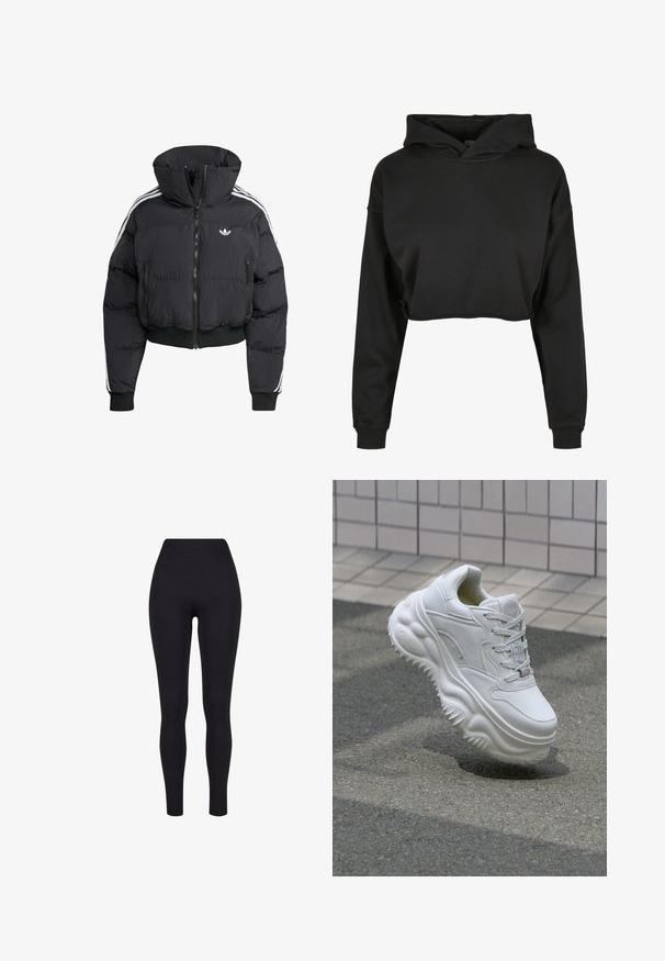 Schwarze Daunenjacke mit hohem Kragen, Frontreißverschluss, zwei Reißverschlusstaschen und weißen Seitenstreifen. Verfügt über gerippte Bündchen und Saum.; Schwarzer, verkürzter Hoodie aus weichem Stoff mit Kapuze mit Kordelzug, langen Ärmeln und gerippten Bündchen, in einem schlichten, einfachen Design.; Schwarze hochgeschnittene Leggings aus dehnbarem Material, mit glatter Textur und figurbetontem Design, ohne sichtbare Nähte oder Muster.; Weiße Leder-Sneaker mit einer massiven Sohle, strukturierten Details und Schnürverschluss. Verfügt über geformte Akzente und eine glatte Oberfläche.