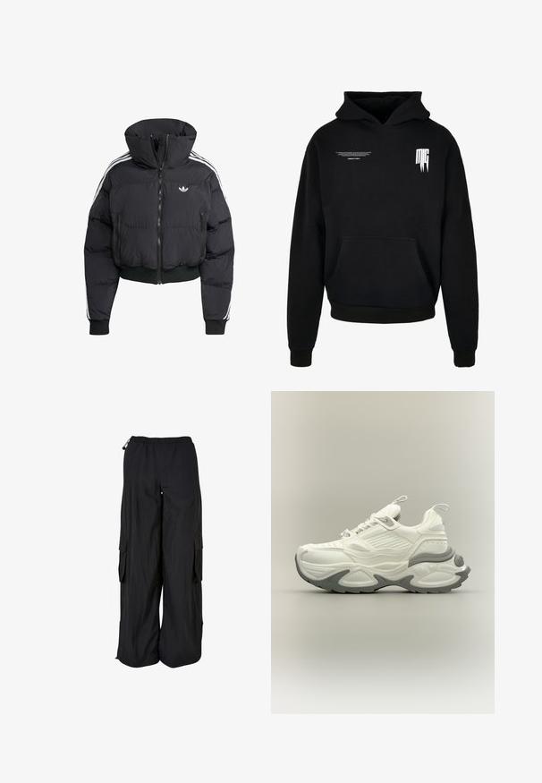 Schwarze Daunenjacke mit hohem Kragen, Frontreißverschluss, zwei Reißverschlusstaschen und weißen Seitenstreifen. Verfügt über gerippte Bündchen und Saum.; Schwarzer Kapuzenpullover mit Fronttasche, kleinem weißen Text auf der oberen linken Brust und stilisiertem "MG"-Logo auf der oberen rechten Brust.; Schwarze Cargo-Hose mit weitem Bein, elastischem Bund, seitlichen Klappentaschen und verstellbaren Kordeln an Bund und Saum.; Weiß-grauer klobiger Sneaker mit strukturierter Sohle, Zuglaschen an Zunge und Ferse und detailliertem Paneeldesign am Obermaterial.