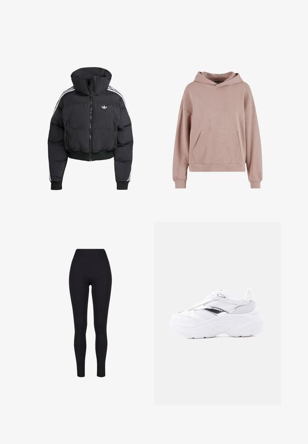 Schwarze Daunenjacke mit hohem Kragen, Frontreißverschluss, zwei Reißverschlusstaschen und weißen Seitenstreifen. Verfügt über gerippte Bündchen und Saum.; Helles rosa Sweatshirt mit Kapuze, Kängurutasche, überschnittenen Schultern und gerippten Bündchen. Hergestellt aus weichem, strukturiertem Stoff.; Schwarze hochgeschnittene Leggings aus dehnbarem Material, mit glatter Textur und figurbetontem Design, ohne sichtbare Nähte oder Muster.; Weißer klobiger Sneaker mit Mesh- und Lederobermaterial, dicker Sohle, metallisch-silbernem Detail und „Karl Lagerfeld“-Branding an der Seite.