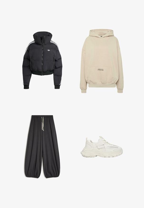 Schwarze Daunenjacke mit hohem Kragen, Frontreißverschluss, zwei Reißverschlusstaschen und weißen Seitenstreifen. Verfügt über gerippte Bündchen und Saum.; Beiger Hoodie mit Fronttasche, gerippten Bündchen und Kordelzugkapuze. "PECADOR PGDR" Schriftzug auf dem Taschenbereich.; Lockere schwarze Hose mit elastischem Bund und cremefarbenem Kordelzug, weite Beine, die zu elastischen Bündchen an den Knöcheln zulaufen.; Klüpfige weiße Sneakers mit Obermaterial aus strukturiertem Gewebe und Netzdetails, dicker Gummisohle, runder Zehenpartie und dekorativen Akzenten an den Seiten.