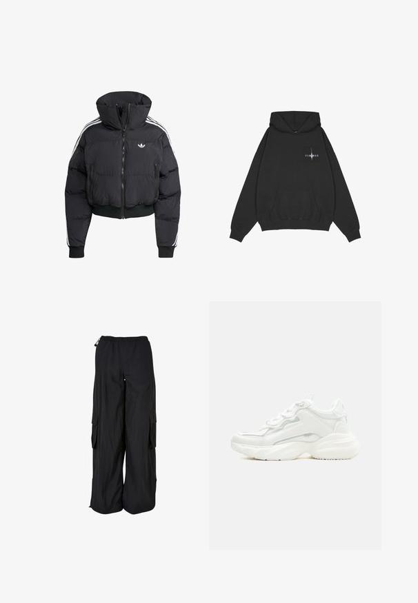 Sort dunjakke med høj krave, frontlynlås, to lynlåslommer og hvide sidelister. Har ribbede manchetter og kant.; Pegador Hættetrøje - washed black; Svarte cargobukser med vidde ben, elastisk talje, sidelommer med klap og justerbare snore i talje og forneden.; Hvid chunky sneaker med tyk sål, snørelukning foran og glat syntetisk overdel med subtile syningsdetaljer.