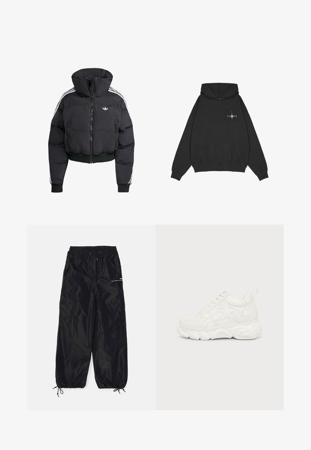 Schwarze Daunenjacke mit hohem Kragen, Frontreißverschluss, zwei Reißverschlusstaschen und weißen Seitenstreifen. Verfügt über gerippte Bündchen und Saum.; Pegador Kapuzenpullover - washed black; Schwarze Cargo-Hosen aus glänzendem Nylon mit elastischem Bund, verstellbarem Kordelzug, Seitentaschen und elastischen Bundabschlüssen.; Weißer klobiger Sneaker mit sternförmigen Mustern und dicker strukturierter Sohle, von der Außenseite auf einem einfarbigen Hintergrund gesehen.