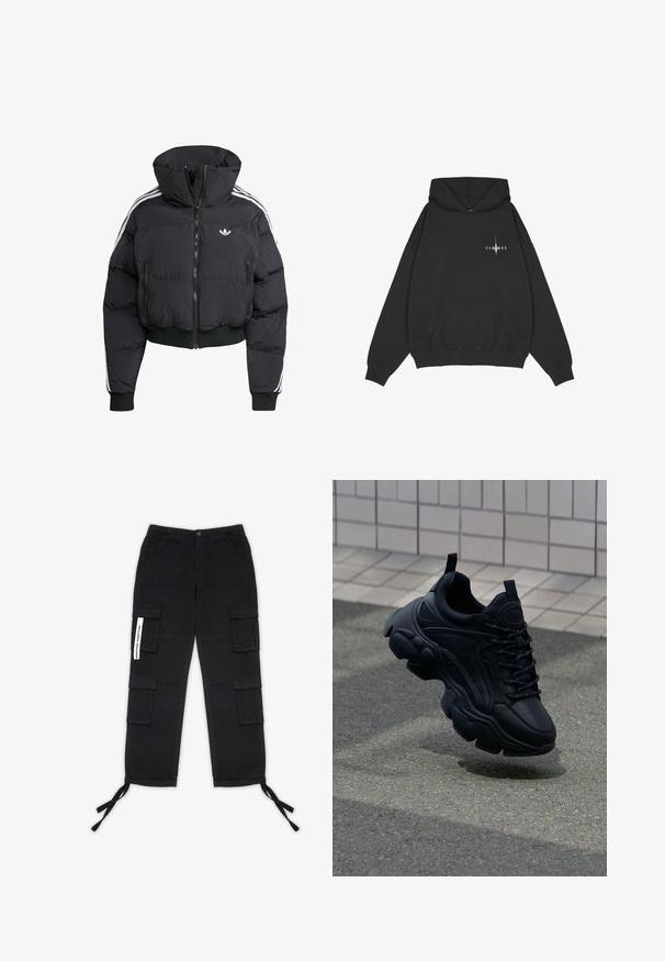Zwarte pufferjack met hoge kraag, voorrits, twee ritszakken en witte zijstrepen. Heeft ribgebreide manchetten en zoom.; Pegador Hoodie - washed black; Pegador TANAMI WIDE PANTS - Cargobroek - black; Zwarte leren sneaker met een chunky ontwerp, voorzien van een dikke zool, getextureerde panelen en zwarte veters. Drijvend boven een grijze stoep.