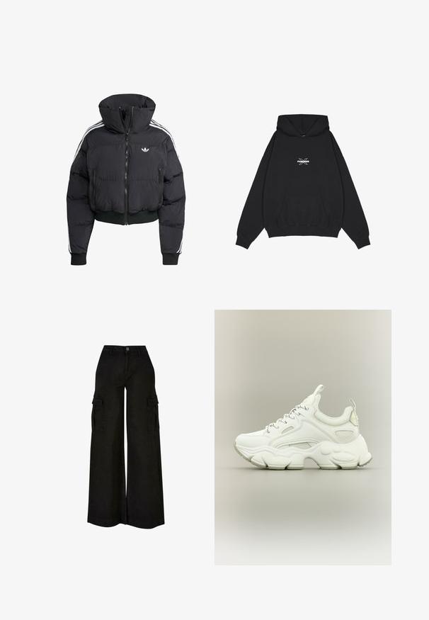 Schwarze Daunenjacke mit hohem Kragen, Frontreißverschluss, zwei Reißverschlusstaschen und weißen Seitenstreifen. Verfügt über gerippte Bündchen und Saum.; Pegador BELLY OVERSIZED HOODIE - Kapuzenpullover - washed black; Schwarze, weit geschnittene Cargo-Hose mit hohem Bund, Frontknopf, Reißverschluss, Gürtelschlaufen und Klappentaschen an beiden Oberschenkeln.; Weißer klobiger Sneaker mit dicker, strukturierter Sohle, Mesh- und Lederobermaterial, Schnürverschluss und Zuglaschen an Zunge und Ferse.