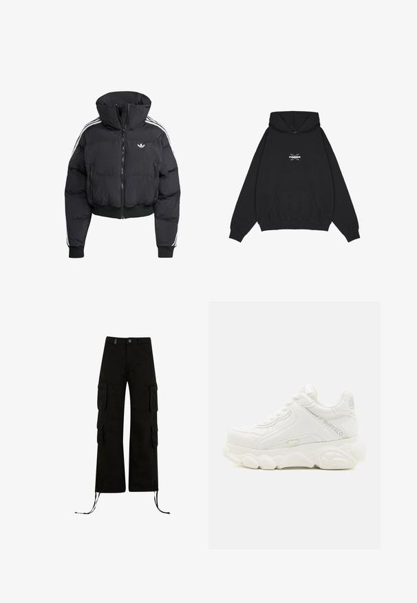 Schwarze Daunenjacke mit hohem Kragen, Frontreißverschluss, zwei Reißverschlusstaschen und weißen Seitenstreifen. Verfügt über gerippte Bündchen und Saum.; Pegador BELLY OVERSIZED HOODIE - Kapuzenpullover - washed black; Schwarze Cargo-Hosen mit einer lockeren Passform, ausgestattet mit Cargo-Taschen an den Seiten, Kordelzügen am Saum und einem Knopfverschluss an der Taille.; Weißer klobiger Sneaker mit dicker Sohle, Schnürdesign und "Buffalo" Branding an der Seite und Ferse.