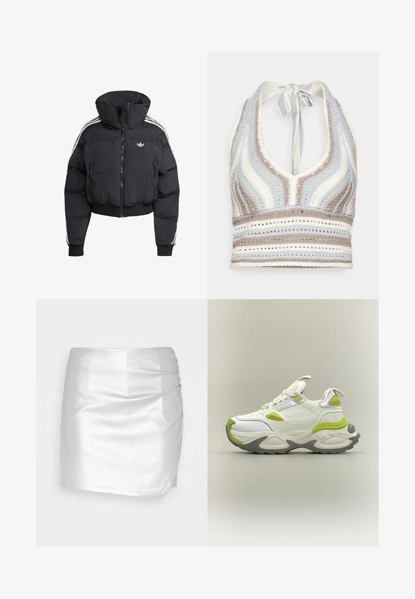 Zwarte pufferjack met hoge kraag, voorrits, twee ritszakken en witte zijstrepen. Heeft ribgebreide manchetten en zoom.; Haken haltertop met lichtblauwe, beige en witte strepen, een diepe V-halslijn en een strik aan de achterkant. Open geweven textuur door het hele ontwerp.; Even&Odd Shorts - silver; Witte en lichtgroene chunky sneaker met dikke zool, veterfront en treklussen op de tong en hiel, weergegeven op een neutrale achtergrond.