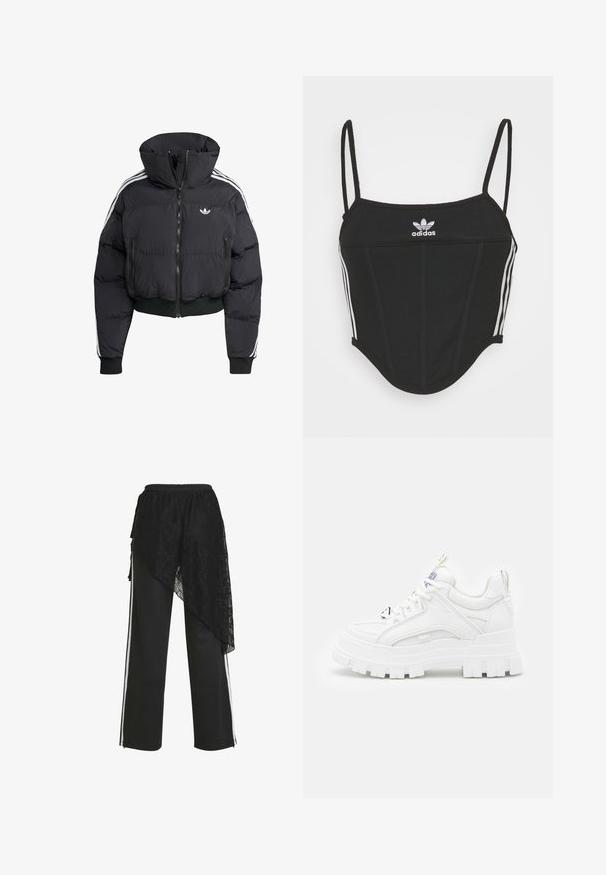 Zwarte pufferjack met hoge kraag, voorrits, twee ritszakken en witte zijstrepen. Heeft ribgebreide manchetten en zoom.; Zwarte geribbelde crop top met verstelbare dunne bandjes, voorzien van drie witte strepen aan de zijkanten en een klein wit Adidas-logo in het midden.; Zwarte broek met wijde pijpen, witte zijstrepen en een asymmetrische zwarte kanten overlay gedrapeerd aan de linkerkant.; Witte chunky sneakers met een textuur bovenkant, gevoerde kraag en dikke, gegroefde zool. Voorzien van contrasterende zwarte veters en merkaanduiding.