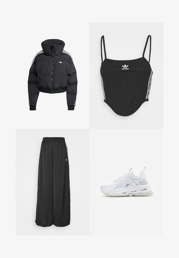Schwarze Daunenjacke mit hohem Kragen, Frontreißverschluss, zwei Reißverschlusstaschen und weißen Seitenstreifen. Verfügt über gerippte Bündchen und Saum.; Schwarzes, geripptes Crop Top mit verstellbaren dünnen Trägern, das drei weiße Streifen an den Seiten und ein kleines weißes Adidas-Logo in der Mitte aufweist.; Schwarze, locker sitzende Jogginghosen aus glattem Material. Mit elastischem Bund und seitlichen Streifen mit Logo-Akzenten.; Weißer Sneaker mit dickem Profil, geschichtetem Mesh- und Synthetik-Obermaterial, mit gemusterten Akzenten, Schnürsystem und Zuglasche.