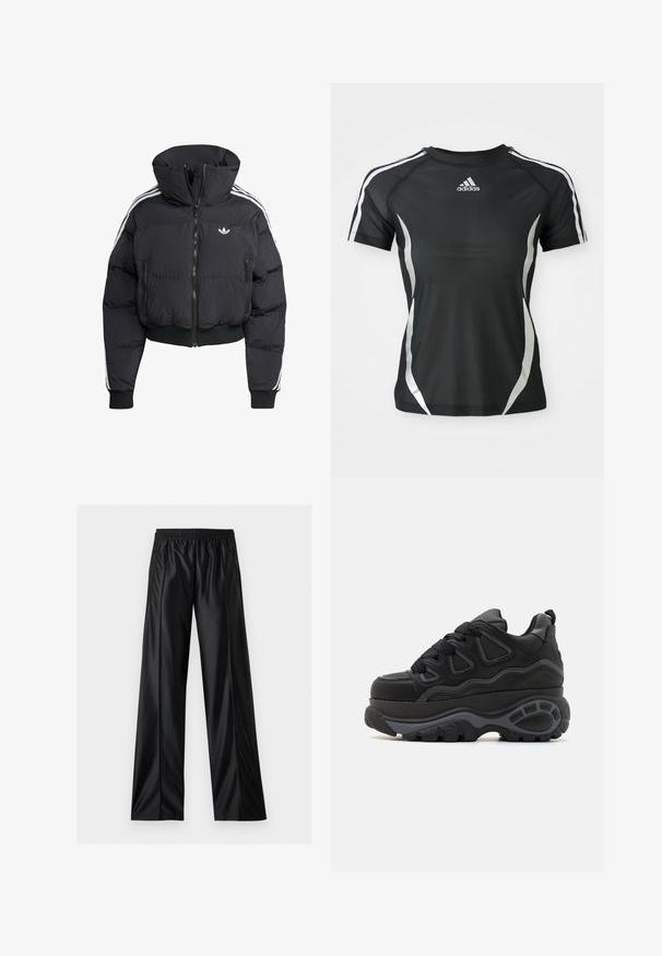 Zwarte pufferjack met hoge kraag, voorrits, twee ritszakken en witte zijstrepen. Heeft ribgebreide manchetten en zoom.; Zwarte Adidas sport T-shirt met korte mouwen, voorzien van witte strepen op de schouders en zilveren gebogen accenten aan de zijkanten.; Zwarte wijde nepleren broek met elastische tailleband en ritssluiting aan de zijzakken, weergegeven op een witte achtergrond.; Buffalo Skateschoenen - black